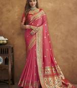 Pink pink & gold-toned ethnic motif woven design zari paithani saree