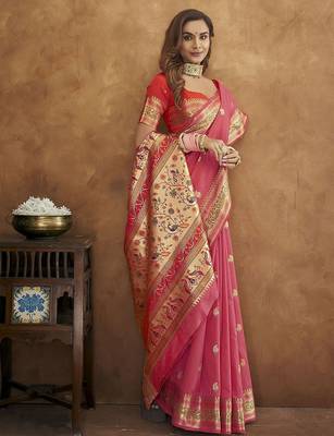 Pink pink & gold-toned ethnic motif woven design zari paithani saree 2