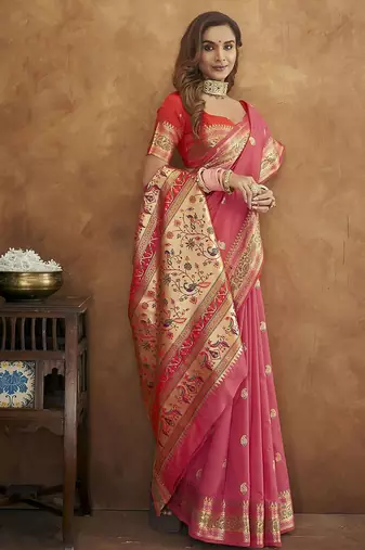Pink pink & gold-toned ethnic motif woven design zari paithani saree