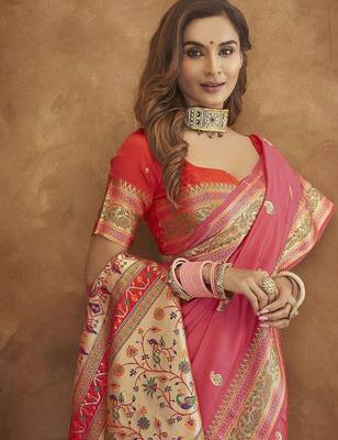 Pink pink & gold-toned ethnic motif woven design zari paithani saree 3