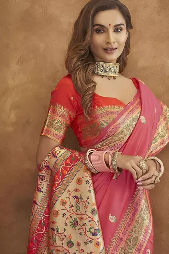 Pink pink & gold-toned ethnic motif woven design zari paithani saree