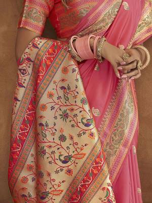 Pink pink & gold-toned ethnic motif woven design zari paithani saree 4
