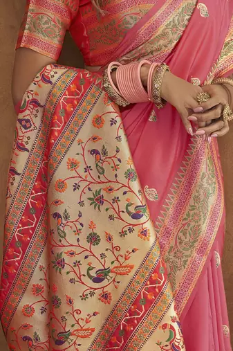 Pink pink & gold-toned ethnic motif woven design zari paithani saree