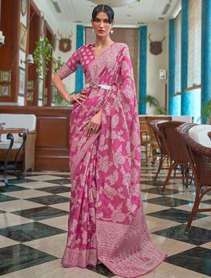 pink pink & white woven design linen blend muga saree 1