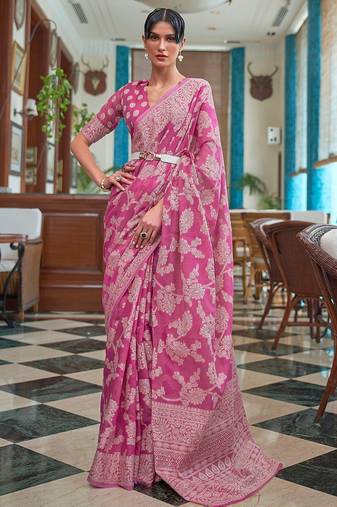 pink pink & white woven design linen blend muga saree
