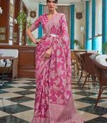 pink pink & white woven design linen blend muga saree