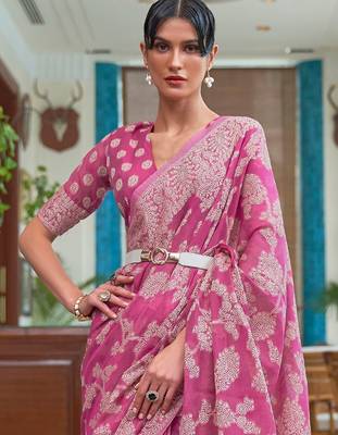 pink pink & white woven design linen blend muga saree 2