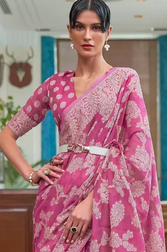 pink pink & white woven design linen blend muga saree