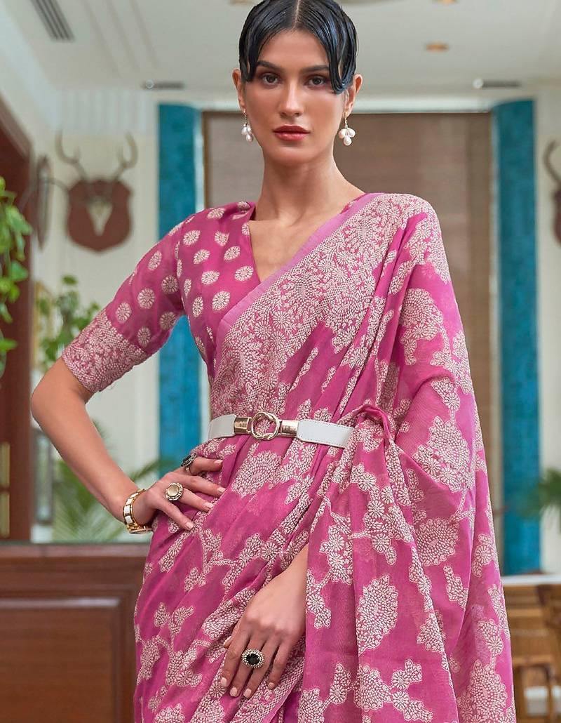 pink pink & white woven design linen blend muga saree
