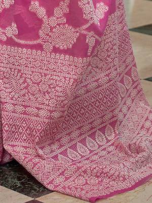pink pink & white woven design linen blend muga saree 4