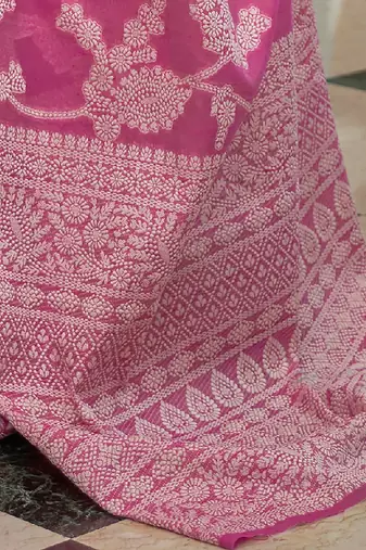 pink pink & white woven design linen blend muga saree