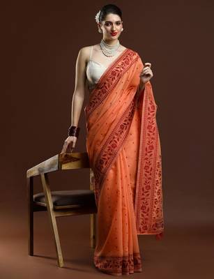 orange ethnic motifs woven design zari banarasi saree 1