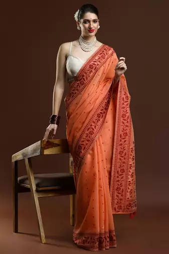 orange ethnic motifs woven design zari banarasi saree