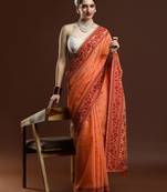orange ethnic motifs woven design zari banarasi saree