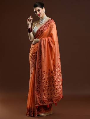 orange ethnic motifs woven design zari banarasi saree 2