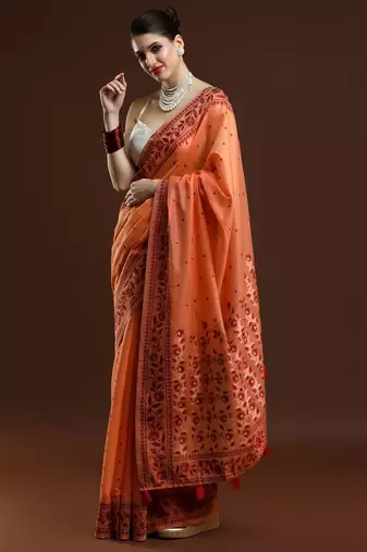 orange ethnic motifs woven design zari banarasi saree