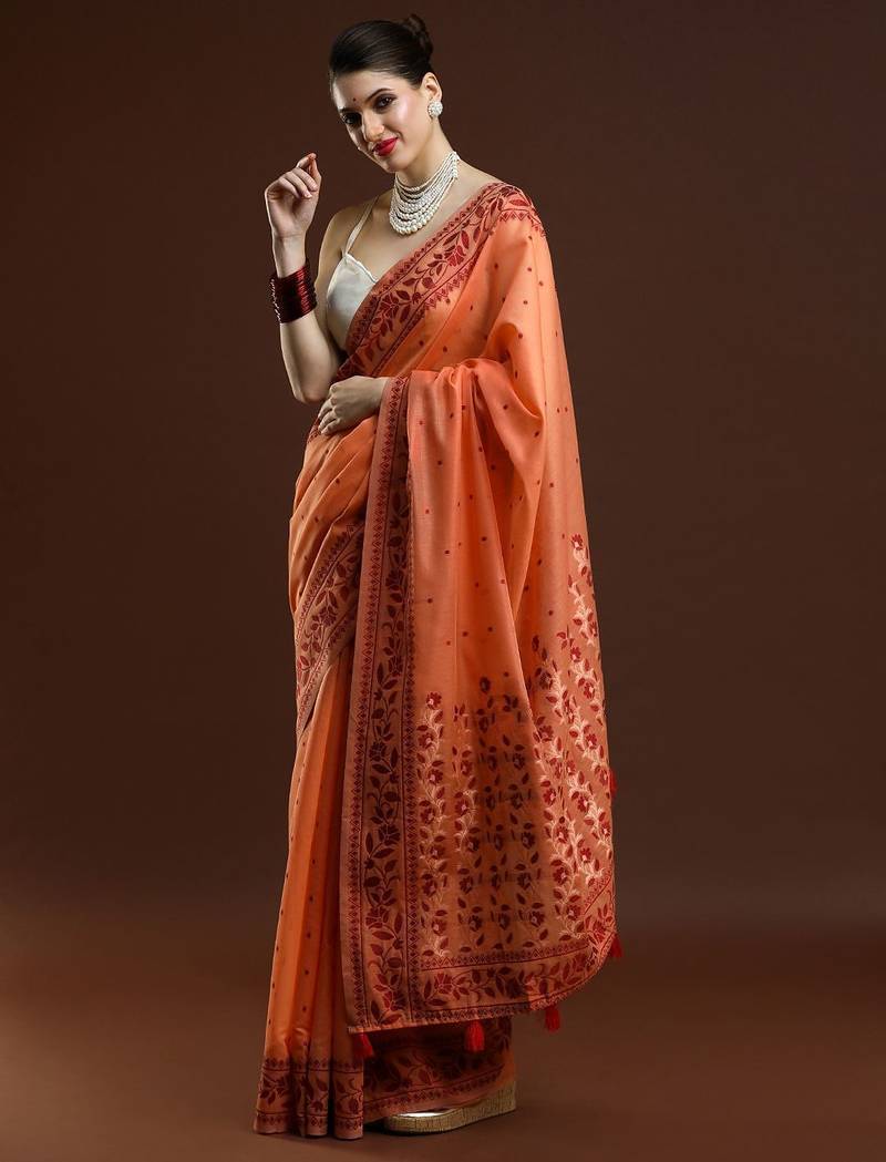orange ethnic motifs woven design zari banarasi saree