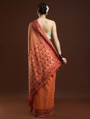 orange ethnic motifs woven design zari banarasi saree 3