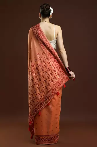 orange ethnic motifs woven design zari banarasi saree
