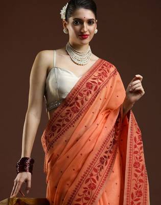 orange ethnic motifs woven design zari banarasi saree 4