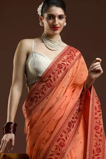 orange ethnic motifs woven design zari banarasi saree