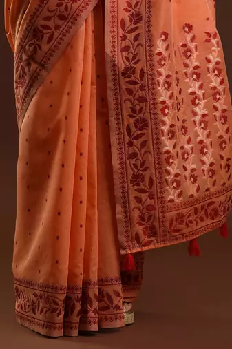 orange ethnic motifs woven design zari banarasi saree
