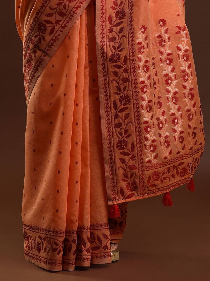 orange ethnic motifs woven design zari banarasi saree
