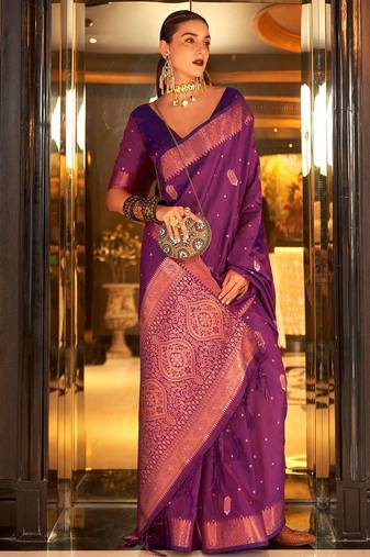 purple ethnic motif silk blend banarasi zari saree with blouse piece