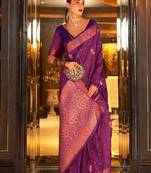 purple ethnic motif silk blend banarasi zari saree with blouse piece