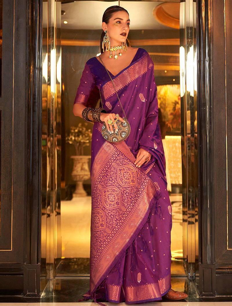 purple ethnic motif silk blend banarasi zari saree with blouse piece