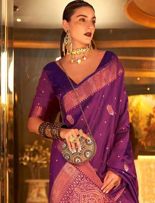 purple ethnic motif silk blend banarasi zari saree with blouse piece 2
