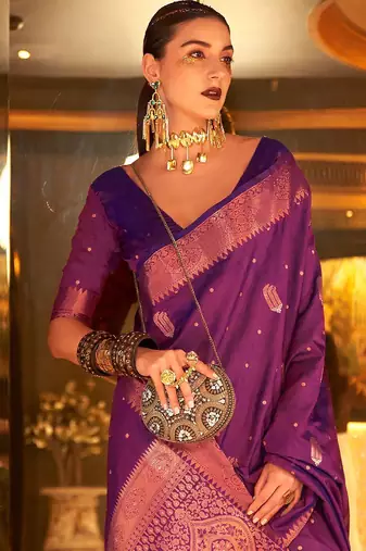 purple ethnic motif silk blend banarasi zari saree with blouse piece
