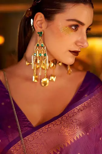 purple ethnic motif silk blend banarasi zari saree with blouse piece