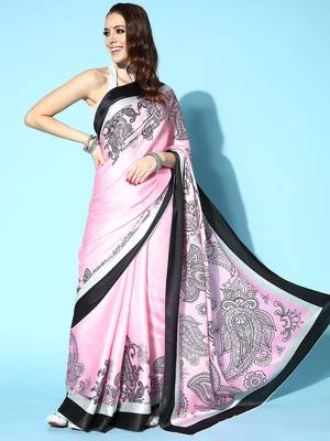 pink paisley satin saree with solid border 3