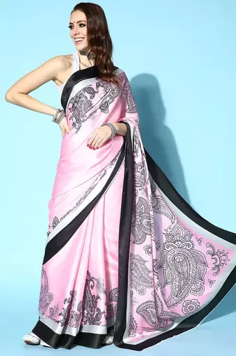 pink paisley satin saree with solid border
