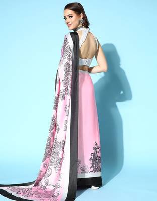 pink paisley satin saree with solid border 4