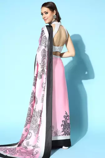 pink paisley satin saree with solid border