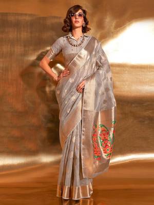 grey woven design zari tissue banarasi saree 1