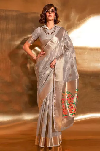 grey woven design zari tissue banarasi saree