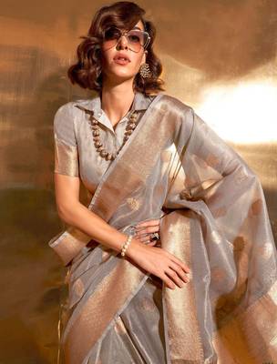 grey woven design zari tissue banarasi saree 2
