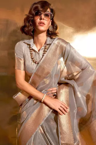 grey woven design zari tissue banarasi saree