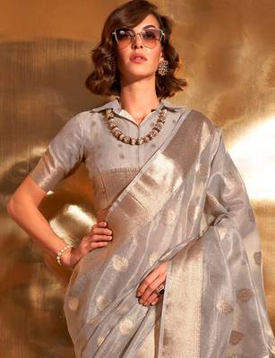 grey woven design zari tissue banarasi saree 3