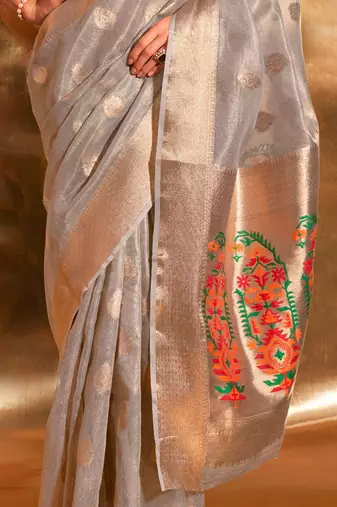 grey woven design zari tissue banarasi saree