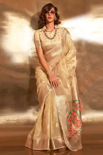 yellow woven design zari tissue banarasi saree