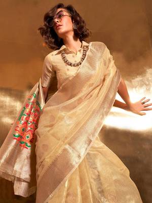 yellow woven design zari tissue banarasi saree 2