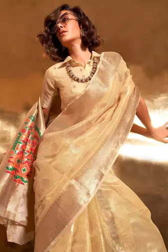 yellow woven design zari tissue banarasi saree