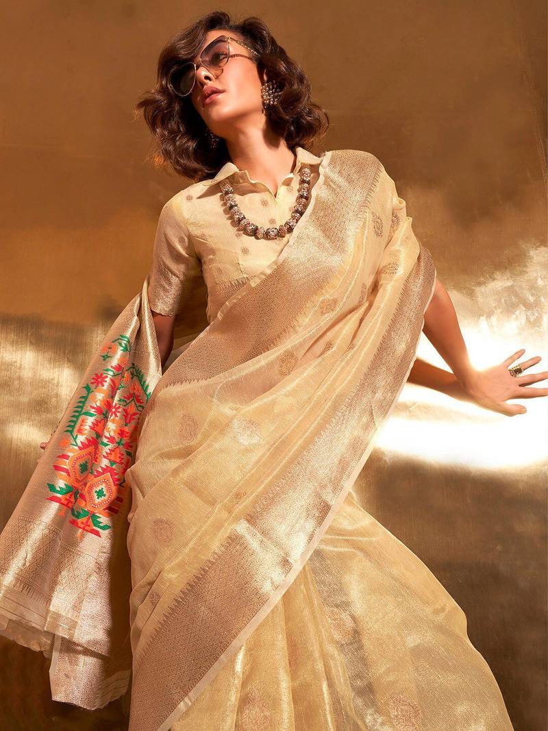 yellow woven design zari tissue banarasi saree