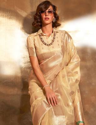 yellow woven design zari tissue banarasi saree 3