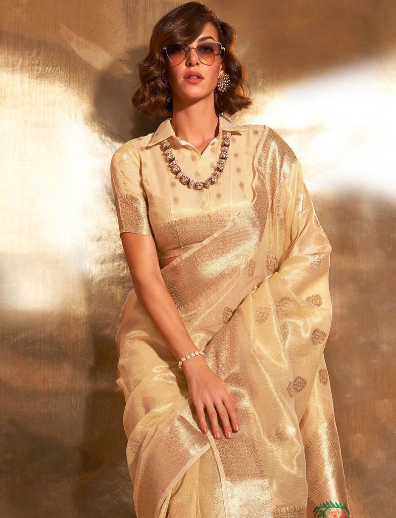 yellow woven design zari tissue banarasi saree