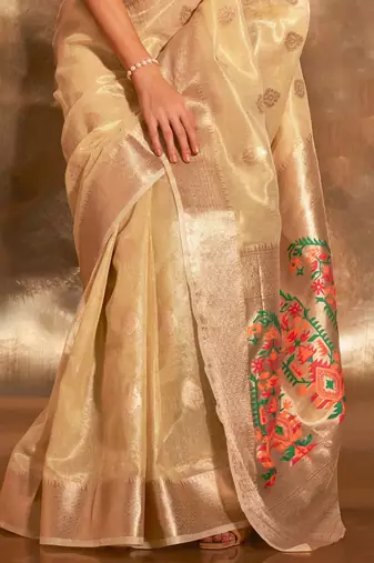 yellow woven design zari tissue banarasi saree
